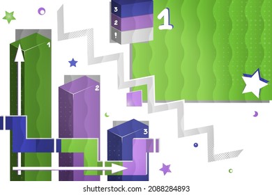 Geometric Background With Elements Of Infographics With Copy Space. Bright Template Slide For Presentation, Sale, Annual Report, Business Data, Media. Concept Of Realization And Introduction Of Idea