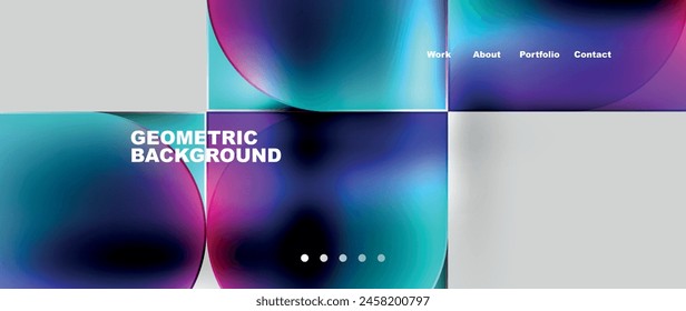 The geometric background features circles and squares in shades of violet, magenta, and azure, resembling a liquid design on a purple backdrop
