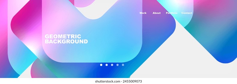 The geometric background features a gradient blend of sky blue and violet, creating a soothing visual with rectangles and circles in electric blue and magenta hues