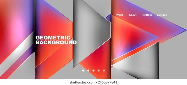 The geometric background features a variety of triangles in shades of electric blue and orange, creating a vibrant pattern reminiscent of a modern art facade