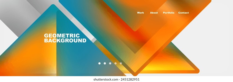 The geometric background features a vibrant colorfulness with orange and electric blue triangles on a white backdrop. The pattern creates a dynamic visual display in shades of amber and tints of blue