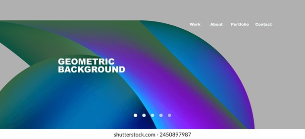 The geometric background features a violet and electric blue circle on a gradient gray backdrop. The design includes rectangles and various tints and shades, creating a modern and stylish look