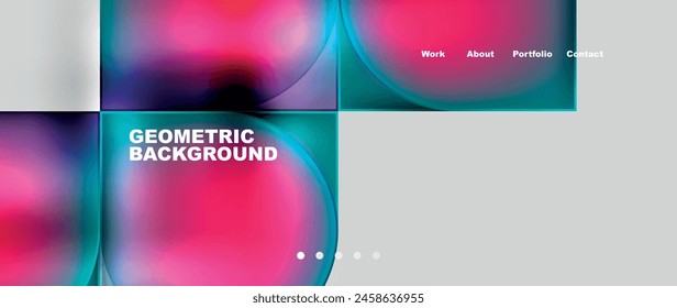 A geometric background featuring circles and squares in shades of purple, violet, pink, magenta, and electric blue. A modern technologyinspired pattern with a futuristic font