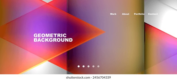A geometric background featuring a gradient of Amber, Orange, Purple, Violet, Magenta, and Electric blue. Shapes include Triangles and Rectangles, creating a vibrant and dynamic visual display