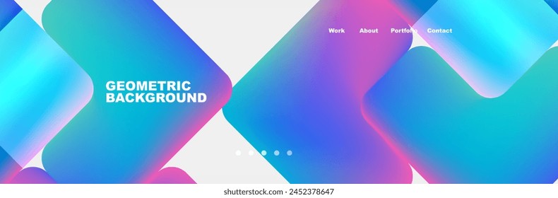 A geometric background featuring a gradient of azure and magenta squares on a white canvas. The design also includes liquid shapes, violet triangles, aqua tints, and electric blue shades