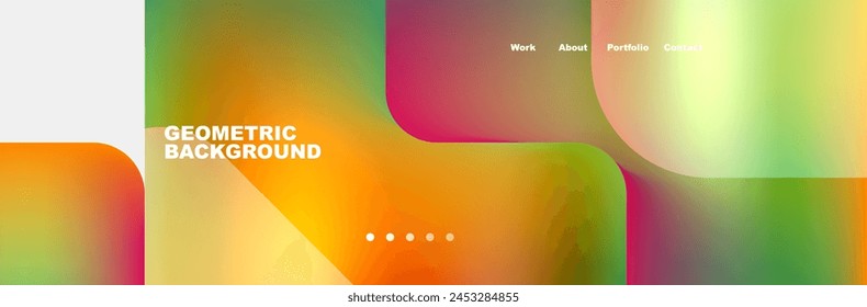 A geometric background featuring a rainbow of colors like amber, magenta, and shades. The design includes rectangles and liquidlike patterns, reminiscent of automotive lighting or tinted shades
