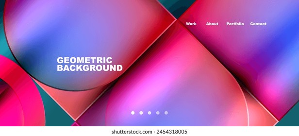 Un fondo geométrico con un arco iris de colores que incluye púrpura, violeta, rosa, magenta y azul eléctrico. Formas como triángulos y rectángulos añaden simetría e interés visual al diseño