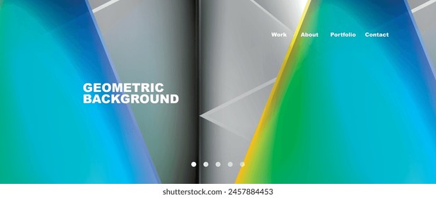Geometric background featuring a rainbow of colors with shapes like lines, circles, rectangles, and patterns in electric blue, magenta, and more. The design exudes symmetry and parallelism