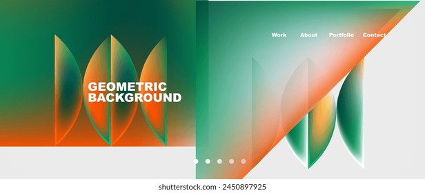 A geometric background featuring rectangles, triangles, circles, and a gradient of green and orange tints and shades. The design also includes patterns in electric blue and magenta on paper products