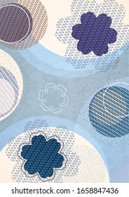 Geometric background, flowers and circles from wavy lines, dots, particles. Pastel shades. Design for cards, covers, banners, advertising. Eastern elements. Vector illustration