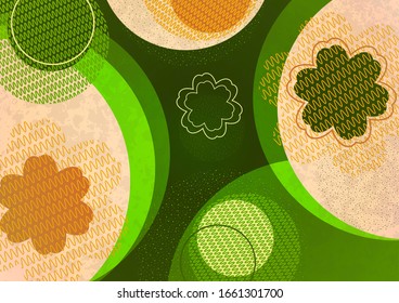 Geometric background, flowers and circles from wavy lines, dots, particles. Bright tones. Design for cards, covers, banners, advertising. Eastern elements. Vector illustration