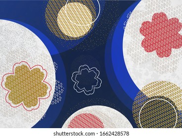 Geometric background, flowers and circles from wavy lines, dots, particles. Bright tones. Design for cards, covers, banners, advertising. Eastern elements. Vector illustration