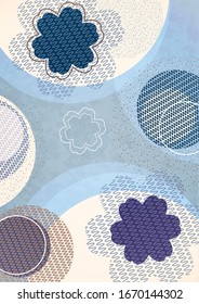 Geometric background, flowers and circles from wavy lines, dots, particles. Pastel shades. Design for cards, covers, banners, advertising. Eastern elements. Vector illustration