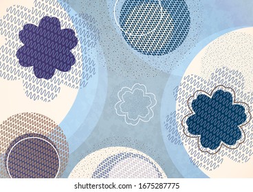 Geometric background, flowers and circles from wavy lines, dots, particles. Pastel shades. Design for cards, covers, banners, advertising. Eastern elements. Vector illustration