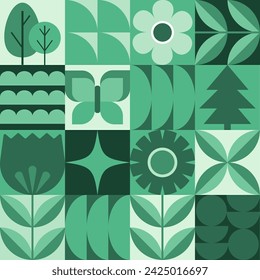 Geometric background. Flowers, leaves and butterfly in flat minimalist style. Vector illustration