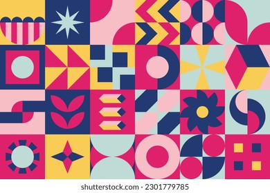Geometric background funky retro design. Bauhaus style flat shapes collage with bright colors vector