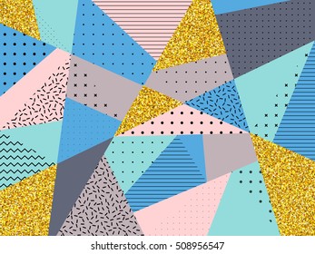 Geometric background with gold triangle, dot, line, zig zag pattern in memphis 80-90s style. 