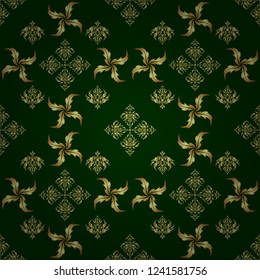 Geometric background. Golden color seamless illustration on a green backdrop. Vector geometric seamless pattern with golden gradients. For your design, wallpaper.