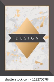 Geometric background with golden marble stone texture and gold foil and black geometric detail. Vector illustration design.