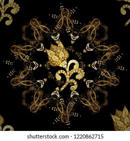 Geometric background. Golden seamless pattern on red, blue and brown colors with golden floral elements. For your design, wallpaper. Golden color seamless illustration.