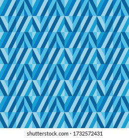 Geometric background graphic design. Abstract seamless pattern for presentation, website, adevertising layout. Decorative mosaic ornament. Triangle shapes & stripes. Blue color. Vector illustration.  