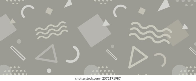 Geometric background with a gray background, featuring abstract shapes. The gray background has a smooth texture with varied patterns. Fun memphis pattern background.