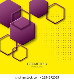 Geometric background with halftone dots and lilac hexagons and their shadow, design element