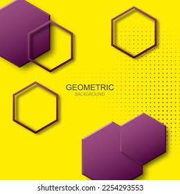 Geometric background with halftone dots and lilac vector hexagons and their shadow, design element