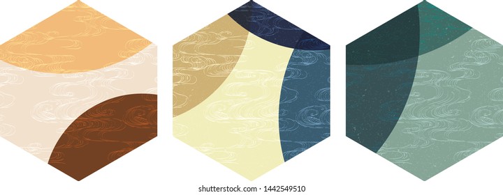 Geometric background with hand drawn wave vector. Circle element with Japanese pattern.