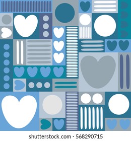 Geometric background with hearts, circles, stripes, squares. Different shades of blue color. The theme of love and Valentines day. Vector illustration. Vector illustration. Abstract heart pattern