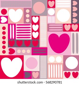 Geometric background with hearts, circles, stripes, squares. Different shades of pink color. The theme of love and Valentines day. Vector illustration. Abstract heart pattern