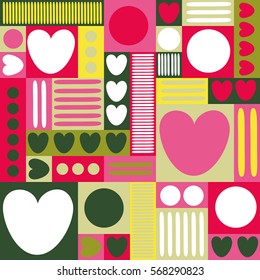 Geometric background with hearts, circles, stripes, squares Different shades of pink yellow and green color The theme of love and Valentines day Vector illustration Poster print Abstract heart pattern