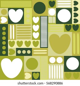 Geometric background with hearts, circles, stripes, squares. Different shades of green color. The theme of love and Valentines day. Vector illustration. Abstract heart pattern