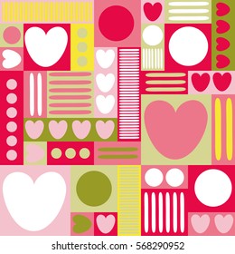 Geometric background with hearts, circles, stripes, squares. Different shades of pink. yellow and green color. The theme of love and Valentines day. Vector illustration. Abstract heart pattern
