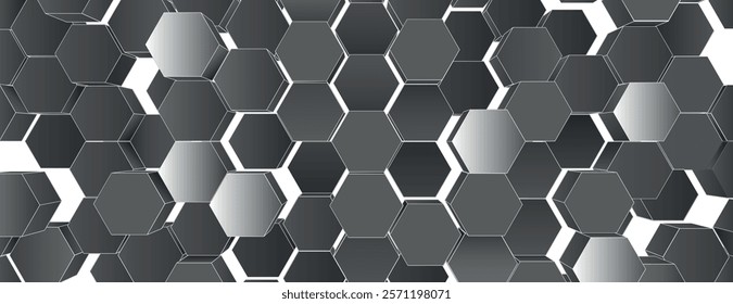 A geometric background with a hexagonal pattern. The background is metallic gray, featuring a sleek, modern texture. Gray color dominates. 3D hexagon pattern background. Gray background vector.