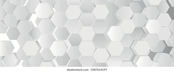 Geometric background with hexagonal pattern. White background with a 3D effect, featuring a white and gray color scheme. 3D hexagon pattern background. Gray background vector.