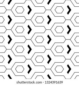 Geometric background. Hexagons, chevrons, figures pattern. Geometrical wallpaper. Seamless ornament.Simple shapes backdrop. Polygons motif. Digital paper, abstract. Vector.