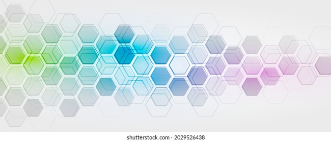 Geometric background of hexagons and multicolored gradient on a gray background. Modern, stylish design for a banner or presentation. 