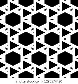 Geometric background. Hexagons, triangles, rhombuses pattern.Digital paper, abstract. Geometrical backdrop. Triangular, quadrangular, hexagonal shapes wallpaper. Polygons motif. Seamless ornament