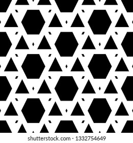 Geometric background. Hexagons, triangles, rhombuses pattern. Digital paper, abstract. Geometrical backdrop. Triangular, quadrangular, hexagonal shapes wallpaper.Polygons motif. Seamless ornament