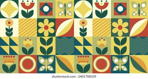 Geometric background with an image of abstract nature. Butterflies, flowers, foliage. Minimalistic shapes. Ideal for packaging, wallpaper, posters.