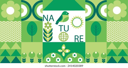 Geometric background with an image of abstract nature. Trees, butterflies, planet, forest, flowers. Minimalistic shapes. Seamless pattern.3