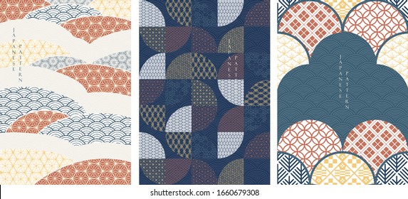 Geometric background with Japanese pattern vector. Asian template with curve elements.