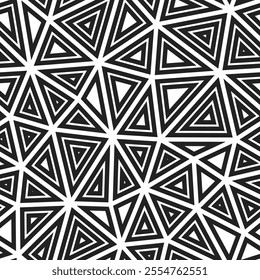 Geometric background. Large triangles size. Multiple repeated inner triangles. Black and white style. Repeatable pattern. Awesome vector tiles. Seamless vector illustration.