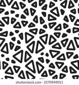 Geometric background. Medium triangles size. Black and white style. Rounded triangles outlined. Repeatable pattern. Monochrome Contrast. Awesome vector tiles. Seamless vector illustration.