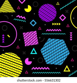 Geometric background in memphis 80-90s style with black background. Vector illustration.