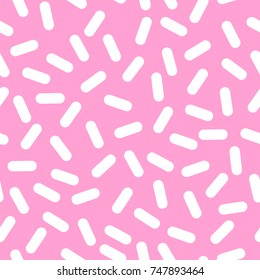 Geometric background in memphis style. A combination of blue, pink, white, yellow and black colors. Stylish seamless pattern for printing on clothing, fabric, wallpaper and other surfaces.