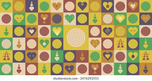 Un fondo geométrico en estilo plano moderno con una variedad de Formas de corazón y círculo. Un colorido mosaico para el amor se representa en una Ilustración vectorial.