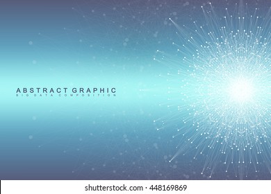 Geometric background molecule and communication. Social network information. Connected line with dots. Big data composition. Perspective visualization, radial graphics. Vector illustration.