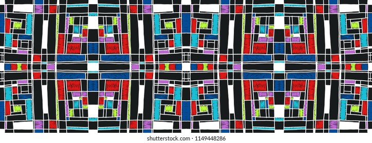 Geometric background in Mondrian grid style.  Pop art pattern. Ornament with abstract mosaic squares. Modern embroidery. Ethnic African print. Colorful figures of Memphis. Traditional striped vector